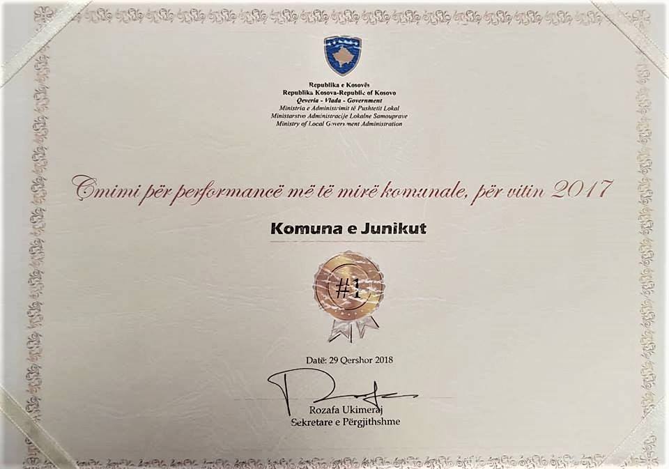 Komuna e Junikut sot është ka fituar çmimin si komuna me performancën më të lartë për vitin 2017