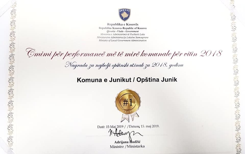 HAT-TRICK  Komuna e Junikut për të III-tën herë merr çmimin e I-rë për performanë komunale në nivel Kosove.